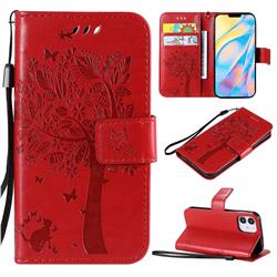Embossing Butterfly Tree Leather Wallet Case for iPhone 12 mini (5.4 inch) - Red