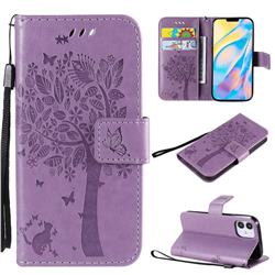 Embossing Butterfly Tree Leather Wallet Case for iPhone 12 mini (5.4 inch) - Violet