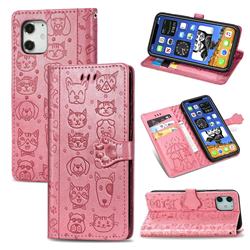 Embossing Dog Paw Kitten and Puppy Leather Wallet Case for iPhone 12 mini (5.4 inch) - Pink