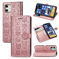 Embossing Dog Paw Kitten and Puppy Leather Wallet Case for iPhone 12 mini (5.4 inch) - Rose Gold