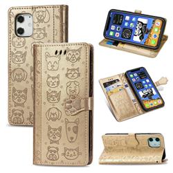 Embossing Dog Paw Kitten and Puppy Leather Wallet Case for iPhone 12 mini (5.4 inch) - Champagne Gold