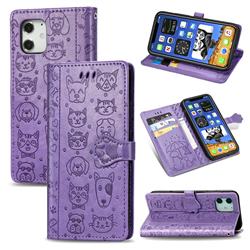 Embossing Dog Paw Kitten and Puppy Leather Wallet Case for iPhone 12 mini (5.4 inch) - Purple