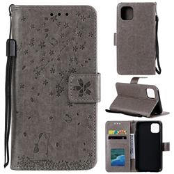 Embossing Cherry Blossom Cat Leather Wallet Case for iPhone 12 mini (5.4 inch) - Gray