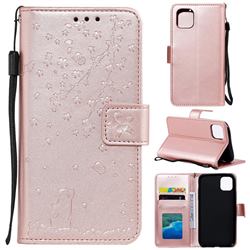 Embossing Cherry Blossom Cat Leather Wallet Case for iPhone 12 mini (5.4 inch) - Rose Gold