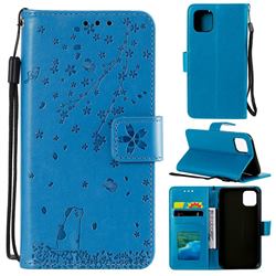 Embossing Cherry Blossom Cat Leather Wallet Case for iPhone 12 mini (5.4 inch) - Blue