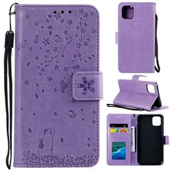 Embossing Cherry Blossom Cat Leather Wallet Case for iPhone 12 mini (5.4 inch) - Purple