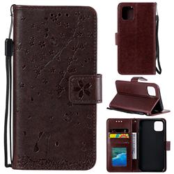 Embossing Cherry Blossom Cat Leather Wallet Case for iPhone 12 mini (5.4 inch) - Brown