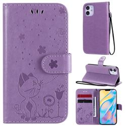 Embossing Bee and Cat Leather Wallet Case for iPhone 12 mini (5.4 inch) - Purple