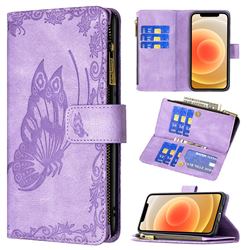 Binfen Color Imprint Vivid Butterfly Buckle Zipper Multi-function Leather Phone Wallet for iPhone 12 mini (5.4 inch) - Purple