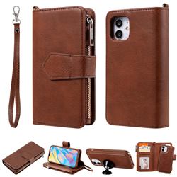 Retro Luxury Multifunction Zipper Leather Phone Wallet for iPhone 12 mini (5.4 inch) - Brown