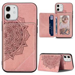 Mandala Flower Cloth Multifunction Stand Card Leather Phone Case for iPhone 12 mini (5.4 inch) - Rose Gold