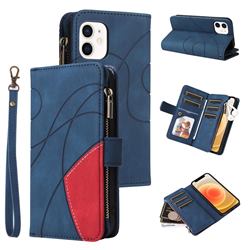 Luxury Two-color Stitching Multi-function Zipper Leather Wallet Case Cover for iPhone 12 mini (5.4 inch) - Blue