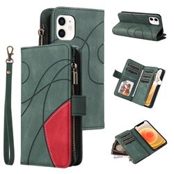 Luxury Two-color Stitching Multi-function Zipper Leather Wallet Case Cover for iPhone 12 mini (5.4 inch) - Green