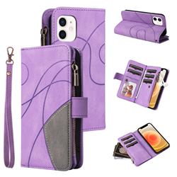 Luxury Two-color Stitching Multi-function Zipper Leather Wallet Case Cover for iPhone 12 mini (5.4 inch) - Purple
