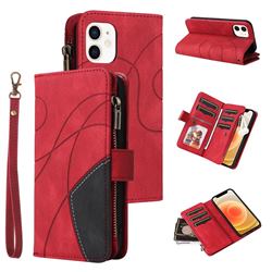 Luxury Two-color Stitching Multi-function Zipper Leather Wallet Case Cover for iPhone 12 mini (5.4 inch) - Red