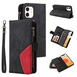 Luxury Two-color Stitching Multi-function Zipper Leather Wallet Case Cover for iPhone 12 mini (5.4 inch) - Black