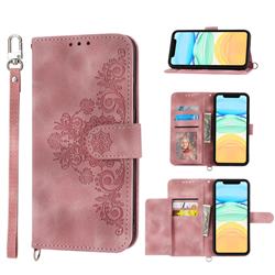 Skin Feel Embossed Lace Flower Multiple Card Slots Leather Wallet Phone Case for iPhone 12 mini (5.4 inch) - Pink