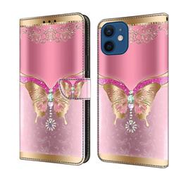 Pink Diamond Butterfly Crystal PU Leather Protective Wallet Case Cover for iPhone 12 mini (5.4 inch)