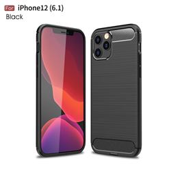 Luxury Carbon Fiber Brushed Wire Drawing Silicone TPU Back Cover for iPhone 12 / 12 Pro (6.1 inch) - Black