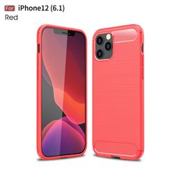 Luxury Carbon Fiber Brushed Wire Drawing Silicone TPU Back Cover for iPhone 12 / 12 Pro (6.1 inch) - Red