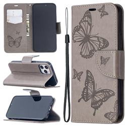 Embossing Double Butterfly Leather Wallet Case for iPhone 12 / 12 Pro (6.1 inch) - Gray