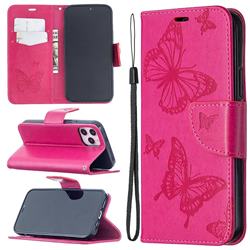 Embossing Double Butterfly Leather Wallet Case for iPhone 12 / 12 Pro (6.1 inch) - Red