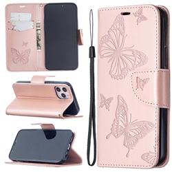 Embossing Double Butterfly Leather Wallet Case for iPhone 12 / 12 Pro (6.1 inch) - Rose Gold
