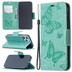 Embossing Double Butterfly Leather Wallet Case for iPhone 12 / 12 Pro (6.1 inch) - Green