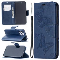 Embossing Double Butterfly Leather Wallet Case for iPhone 12 / 12 Pro (6.1 inch) - Dark Blue