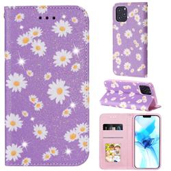 Ultra Slim Daisy Sparkle Glitter Powder Magnetic Leather Wallet Case for iPhone 12 / 12 Pro (6.1 inch) - Purple