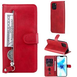 Retro Luxury Zipper Leather Phone Wallet Case for iPhone 12 / 12 Pro (6.1 inch) - Red