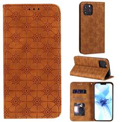 Intricate Embossing Four Leaf Clover Leather Wallet Case for iPhone 12 / 12 Pro (6.1 inch) - Yellowish Brown