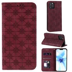 Intricate Embossing Four Leaf Clover Leather Wallet Case for iPhone 12 / 12 Pro (6.1 inch) - Claret