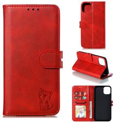 Embossing Happy Cat Leather Wallet Case for iPhone 12 / 12 Pro (6.1 inch) - Red