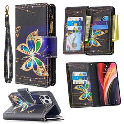 Golden Shining Butterfly Binfen Color BF03 Retro Zipper Leather Wallet Phone Case for iPhone 12 / 12 Pro (6.1 inch)