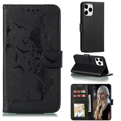 Intricate Embossing Lychee Feather Bird Leather Wallet Case for iPhone 12 / 12 Pro (6.1 inch) - Black