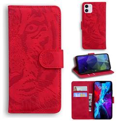 Intricate Embossing Tiger Face Leather Wallet Case for iPhone 12 / 12 Pro (6.1 inch) - Red