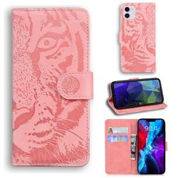 Intricate Embossing Tiger Face Leather Wallet Case for iPhone 12 / 12 Pro (6.1 inch) - Pink