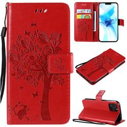 Embossing Butterfly Tree Leather Wallet Case for iPhone 12 / 12 Pro (6.1 inch) - Red