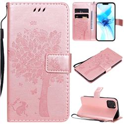 Embossing Butterfly Tree Leather Wallet Case for iPhone 12 / 12 Pro (6.1 inch) - Rose Pink