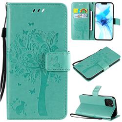 Embossing Butterfly Tree Leather Wallet Case for iPhone 12 / 12 Pro (6.1 inch) - Cyan