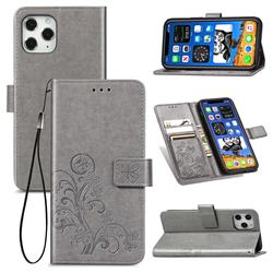 Embossing Imprint Four-Leaf Clover Leather Wallet Case for iPhone 12 / 12 Pro (6.1 inch) - Grey