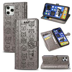 Embossing Dog Paw Kitten and Puppy Leather Wallet Case for iPhone 12 / 12 Pro (6.1 inch) - Gray