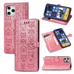 Embossing Dog Paw Kitten and Puppy Leather Wallet Case for iPhone 12 / 12 Pro (6.1 inch) - Pink