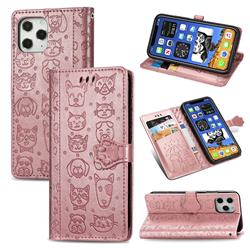 Embossing Dog Paw Kitten and Puppy Leather Wallet Case for iPhone 12 / 12 Pro (6.1 inch) - Rose Gold