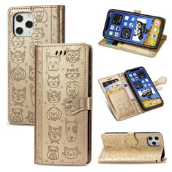 Embossing Dog Paw Kitten and Puppy Leather Wallet Case for iPhone 12 / 12 Pro (6.1 inch) - Champagne Gold