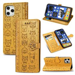Embossing Dog Paw Kitten and Puppy Leather Wallet Case for iPhone 12 / 12 Pro (6.1 inch) - Yellow