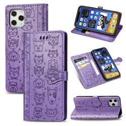 Embossing Dog Paw Kitten and Puppy Leather Wallet Case for iPhone 12 / 12 Pro (6.1 inch) - Purple