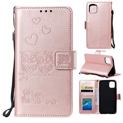 Embossing Owl Couple Flower Leather Wallet Case for iPhone 12 / 12 Pro (6.1 inch) - Rose Gold
