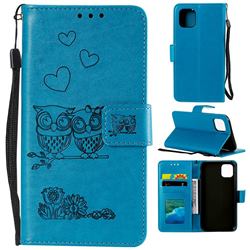 Embossing Owl Couple Flower Leather Wallet Case for iPhone 12 / 12 Pro (6.1 inch) - Blue